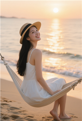 日暮黄昏海边吊床美女摄影图片